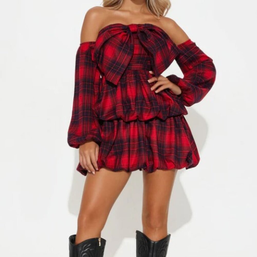 Fashion Nova Holland Plaid Bubble Mini Dress,  Red/Black, Size Med